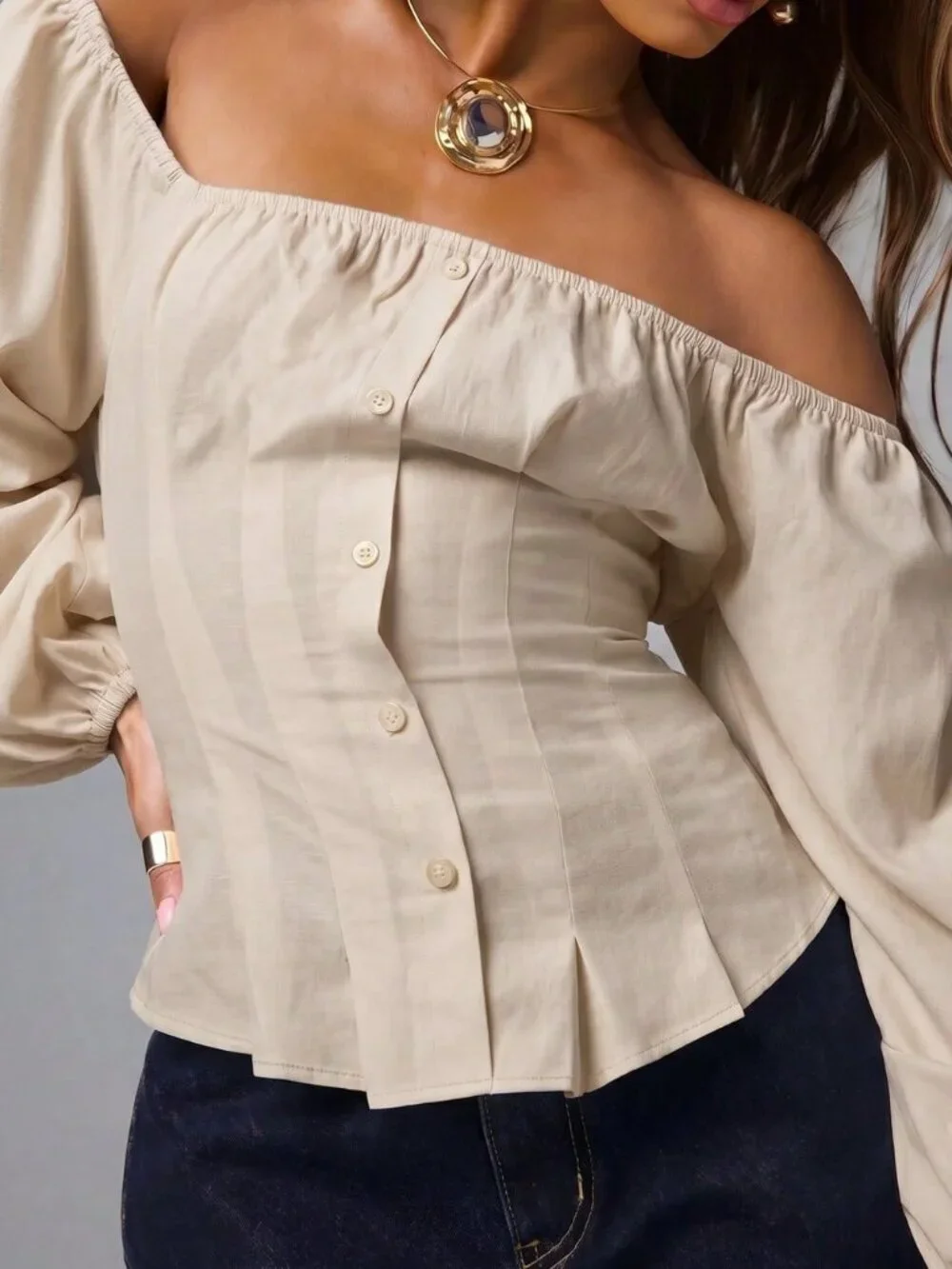 Apricot Elegant Pleated Off-Shoulder Women's Long Sleeve Balloon Top